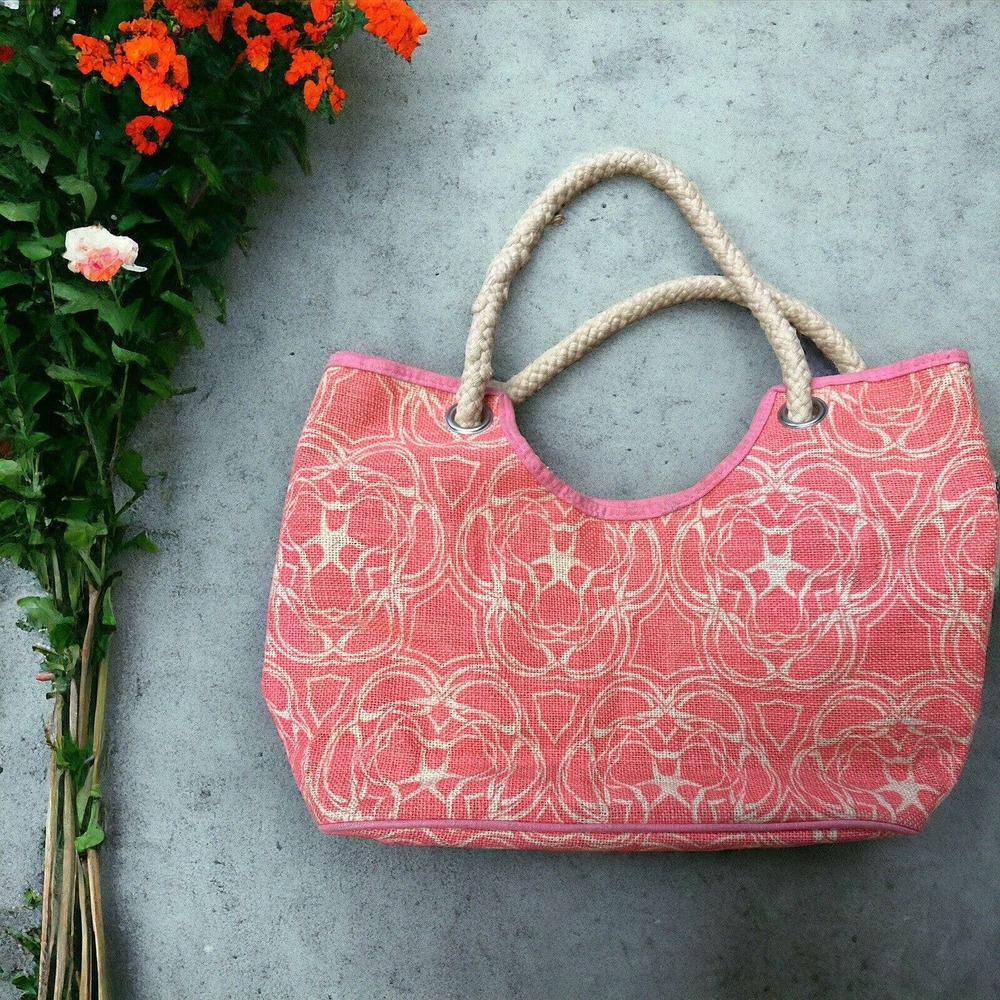 MUD PIE ORANGE/WHITE GEOMETRIC CIRCLES BEACH POOL ROPE HANDLES JUTE TOTE BAG